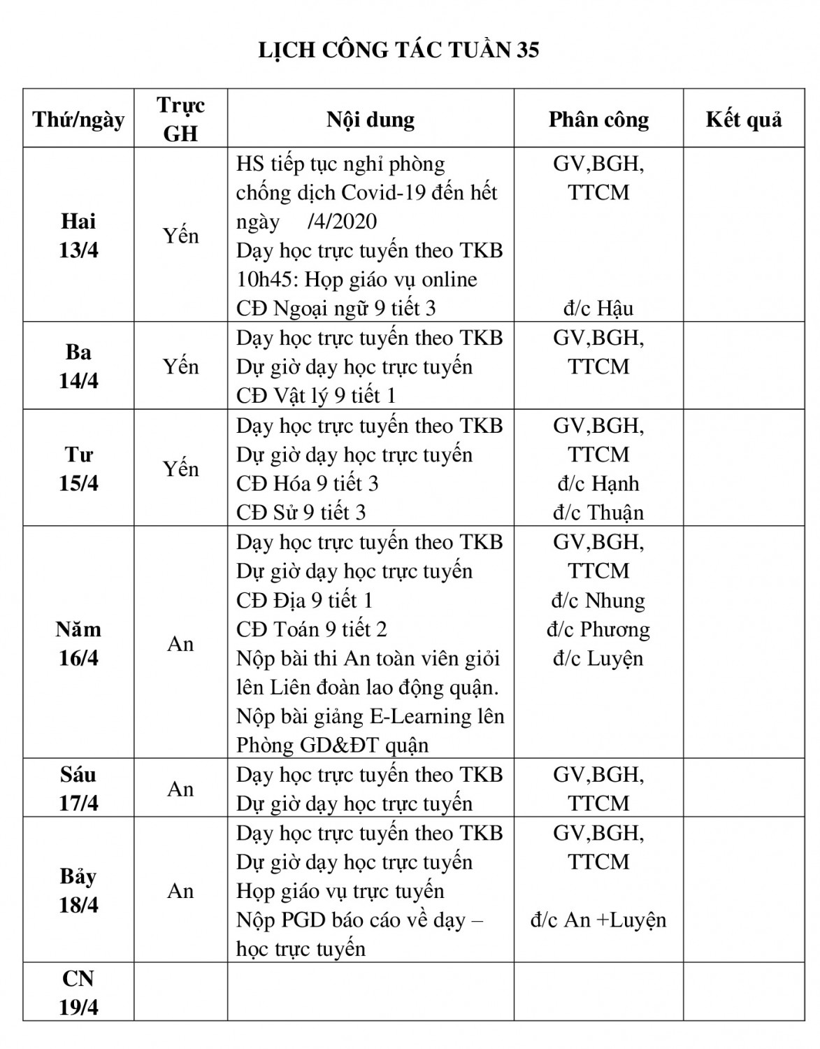 LỊCH CÔNG TÁC TUẦN 34