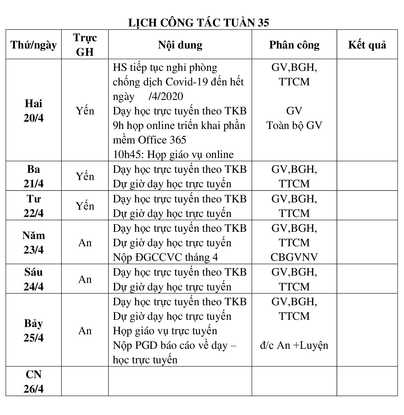 LỊCH CÔNG TÁC TUẦN 35