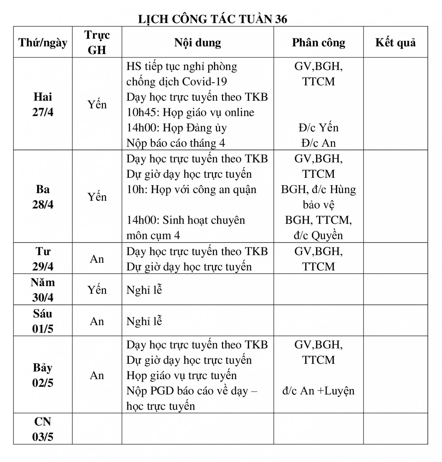 LỊCH CÔNG TÁC TUẦN 36